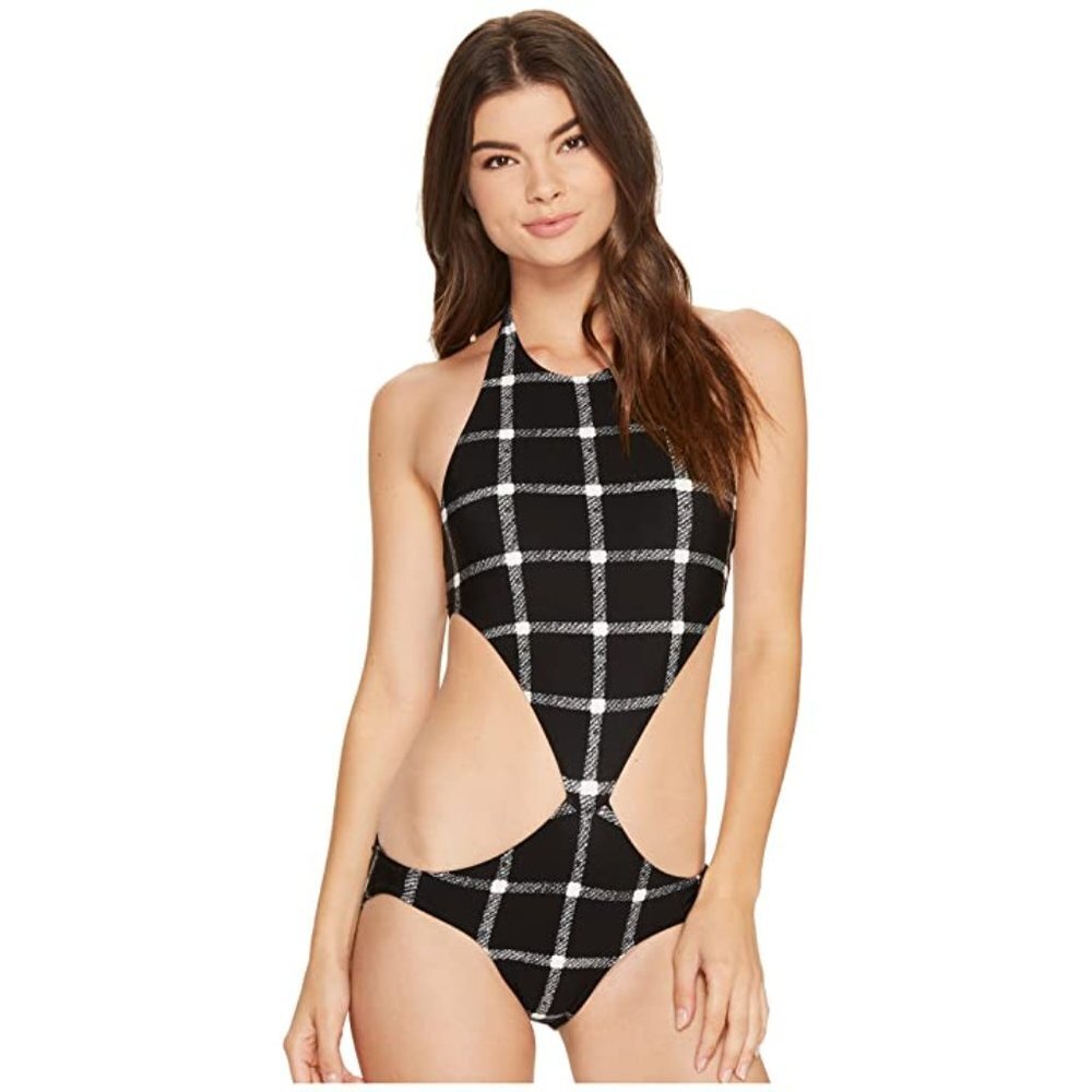 NORMA KAMALI Chuck cutout‎ checked halter neck swimsuit Size L